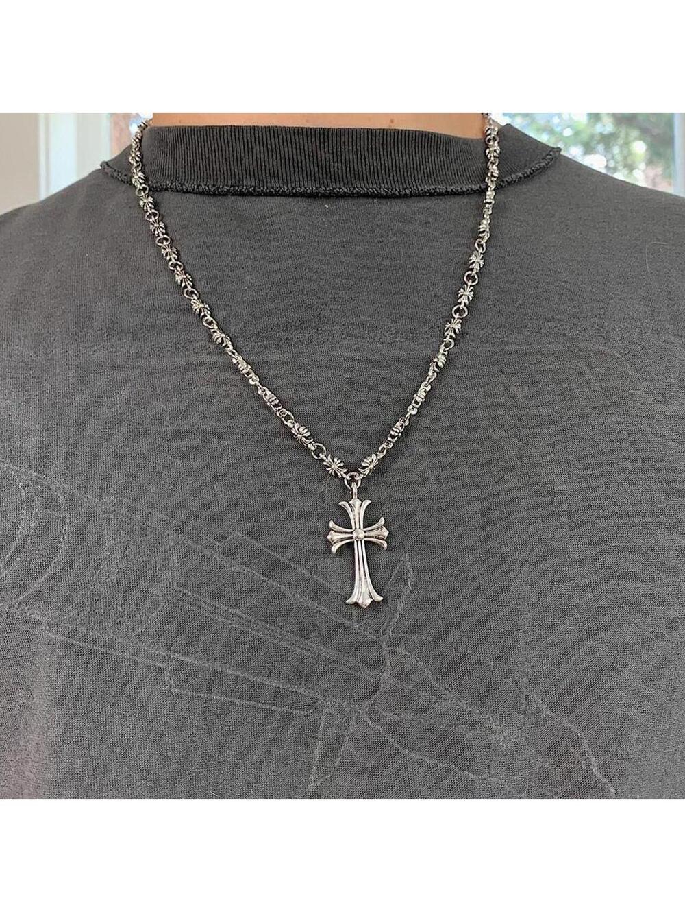 Grunge Cyber y2k silver gothic cross long necklace chain. 24 inches length.
